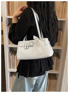 Sac porté épaule blanc pour femme, sac à main élégant de banlieue avec nœud en dentelle.