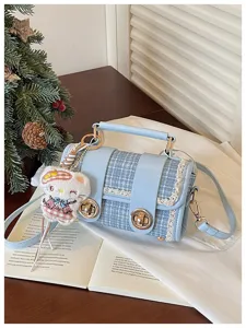Chic blue plaid Boston handbag for women, stylish contrast color casual shoulder bag.