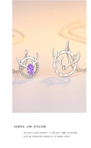 S925 sterling silver deer antler couple necklace set with purple zircon and roman numerals.