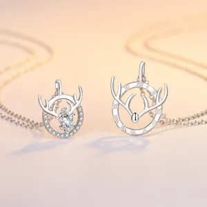 S925 Sterling Silver Antler Pendant Necklace For Couples Women Men Rhinestone Heart Roman Numeral Necklaces Jewelry Gift