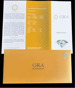 GRA Moissanit Edelstein Zertifikat und goldener Umschlag Bericht Detailansicht zur Schmuckpruefung.