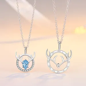 S925 Sterling Silver Deer Antler Couple Necklaces Set Matching Jewelry Gift for Men Women