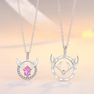 S925 sterling silver deer antler couple necklace set, beautiful romantic fashion gift.