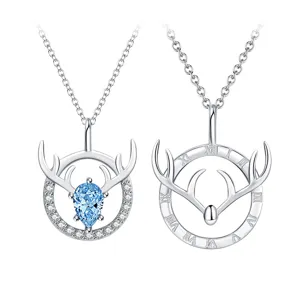 S925 sterling silver deer antler couple necklace set, elegant blue gemstone pendant jewelry.