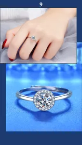 S925 Silber Moissanit Ring für Damen, klassisches Halo Design offener verstellbarer Ring.