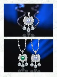 Dettaglio collana lucchetto ruyi in argento S925 con calcedonio e zirconi brillanti.