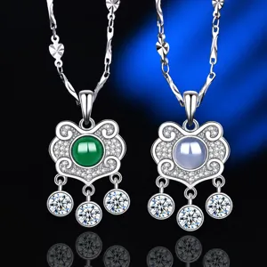 Ciondolo Solo Senza Catena Vintage in Argento Sterling 925 Agata Lucchetto della Pace Design Retrò Lucchetto Ruyi Intarsiato Calcedonio Bianco Verde Strass Gioielli Regalo Donna