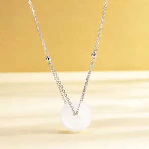 925 Sterling Silver Natural Nephrite Jade Ping'an Kou Pendant Necklace For Women Vintage Minimalist White Jade Jewelry Neck Chain