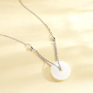 925 Silver Natural White Jade Peace Buckle Pendant Necklace Women Minimalist Jewelry