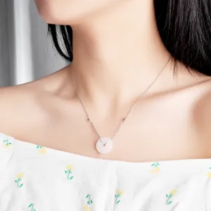 925 Sterling Silver Natural White Jade Peace Buckle Pendant Necklace for Women Elegant Jewelry