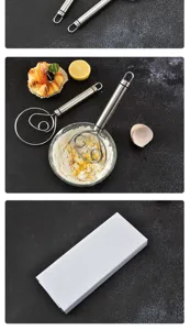 Détail du fouet à pâte danois en acier inoxydable avec design en spirale et boîte.