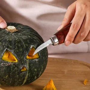 Walnut wood handle manual carving knife for pumpkin and woodworking crafts, sharp stainless steel blade.