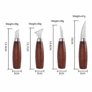 Walnut wood hand carving knife set size chart with dimensions and weight specifications.