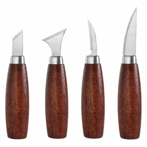 Professional wood carving knife set with ergonomic walnut handles for woodcraft and detail sculpting.