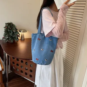 Borsa a secchiello in denim casual da donna, elegante borsa a spalla ricamata, grande capacità.