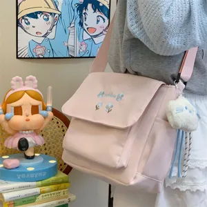 Pink large capacity summer women crossbody tote bag with cute flower embroidery.