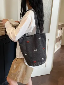 Borsa a tracolla in denim casual con ricamo carino, spaziosa borsa a secchiello per donna.