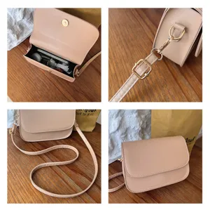 Minimalist women's PU leather crossbody bag, stylish nude single shoulder handbag with metal details.
