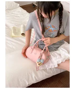 Pink bowling shoulder bag for women, cute commuting handbag with bow bear charm casual stylish