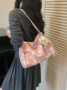 Casual pink polka dot shoulder tote bag for women, large capacity summer commuter handbag.