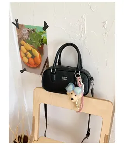 Black bowling bag women commuting shoulder handbag stylish casual crossbody bag with cute bear charm
