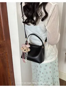 Women shoulder crossbody bucket bag with cute bear charm vintage commuting handbag summer stylish