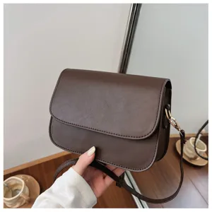 Detail shot of dark brown leather crossbody bag with flap and metal hardware closure.