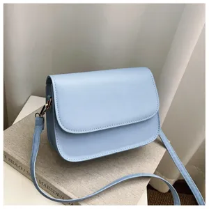 Detailed close-up view of the minimalist light blue crossbody bag showing fine stitching.