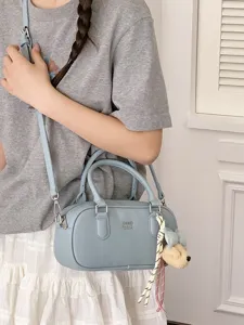 Women fashion blue bowling shoulder bag trendy crossbody handbag with cute bear charm