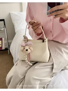 Beige women handbag tote bag with cute plush dog pendant elegant fashion casual shoulder bag