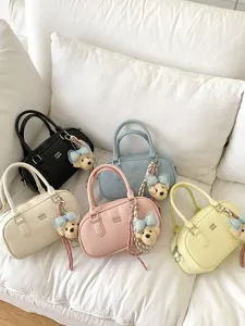 Women stylish bowling handbag pu leather top handle shoulder bag with cute bear keychain