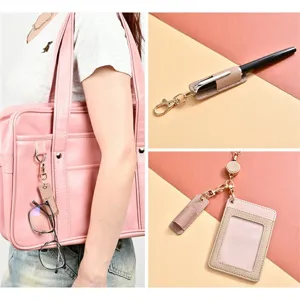 Detail view of the portable leather pen holder clip and badge lanyard set for daily use.