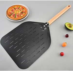 12-inch perforated pizza peel with wooden handle, black aluminum metal baking tool for oven.