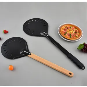 Stainless steel pizza peel with wooden handle and hollow design for baking tools.