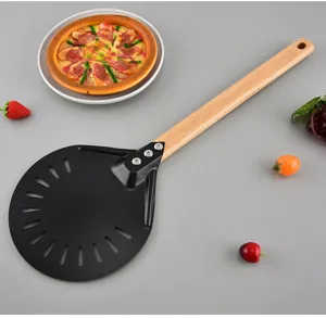 Stainless steel pizza peel with wooden handle, black hollowed shovel head for baking cake and pizza.