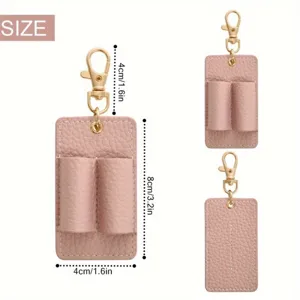 Detail view of the minimalist pink leather pen holder keychain, showing precise size dimensions.