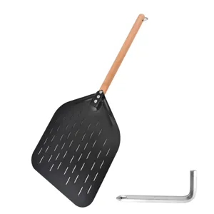Perforated pizza peel with wooden handle, detachable aluminum baking paddle for oven