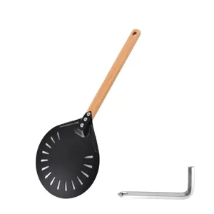 Stainless steel perforated round pizza peel with wooden handle main view product white background