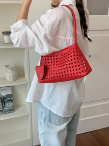 Sac à Bandoulière Creux Tissé Rouge Femme Chic Été Cabas D'Aisselle Pour Commuter