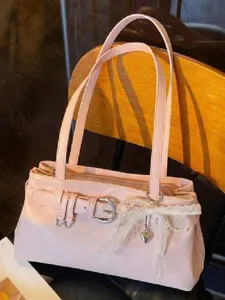 Femme Mode Cuir PU Sac Aisselle Décontracté Commuter Couleur Unie Sac Bandoulière Avec Pendentif Nœud Papillon Perle