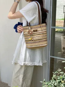 Zomer gestreepte stro geweven schoudertas, casual strand handtas tas voor dames.