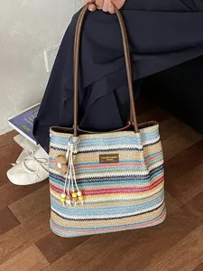 Zomer kleurrijke gestreepte geweven tote bag grote capaciteit casual schoudertas