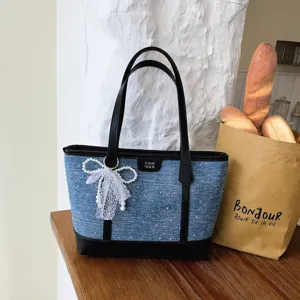 Denim Tote Bag Women Large Capacity Casual Shoulder Bag Fashion Pearl Bow Chic Handbag