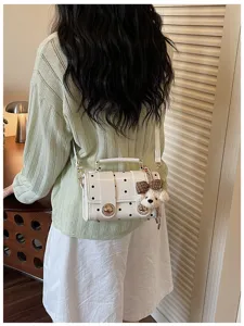 Women polka dot boston shoulder bag with cute bear charm stylish casual crossbody bag