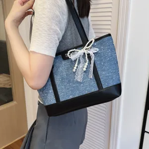 Casual denim tote bag for women large capacity stylish shoulder handbag with pearl bow