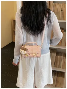 Women Pink Polka Dot Boston Crossbody Bag Cute Bear Pendant Summer Fashion Handbag