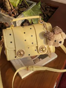 Women Fashion Polka Dot Boston Crossbody Bag PU Leather Vintage Small Handbag With Cute Bear Pendant Shoulder Bag