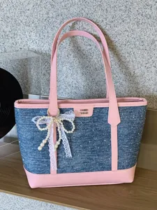 Women's Large Capacity Denim Tote Bag PU Leather Patchwork Casual Handbag With Pearl Lace Bow Pendant