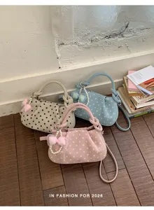Chic sweet polka dot crossbody shoulder handbag with elegant pearl bow charms for women.