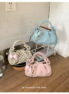 Sweet polka dot handbag with pearl bow charm, summer shoulder crossbody bag for daily use.